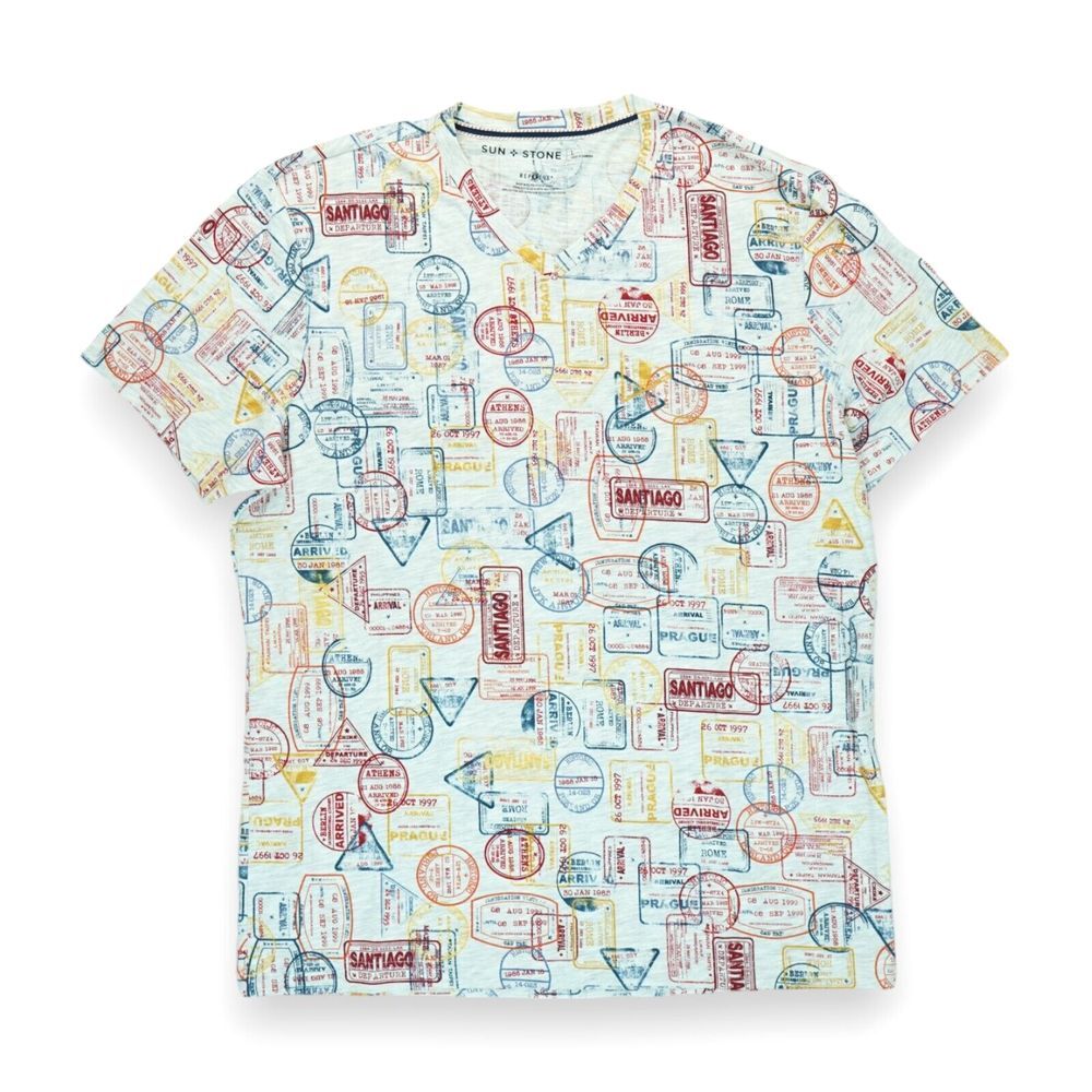 Sun + Stone Men's Remix Stamps Graphic V-Neck T-Shirt, Beige, Large